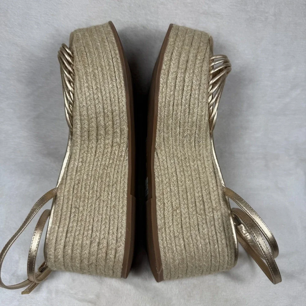 Schutz Gold Metallic Strappy Espadrille Platform Sandals Ankle Strap Flatform 8